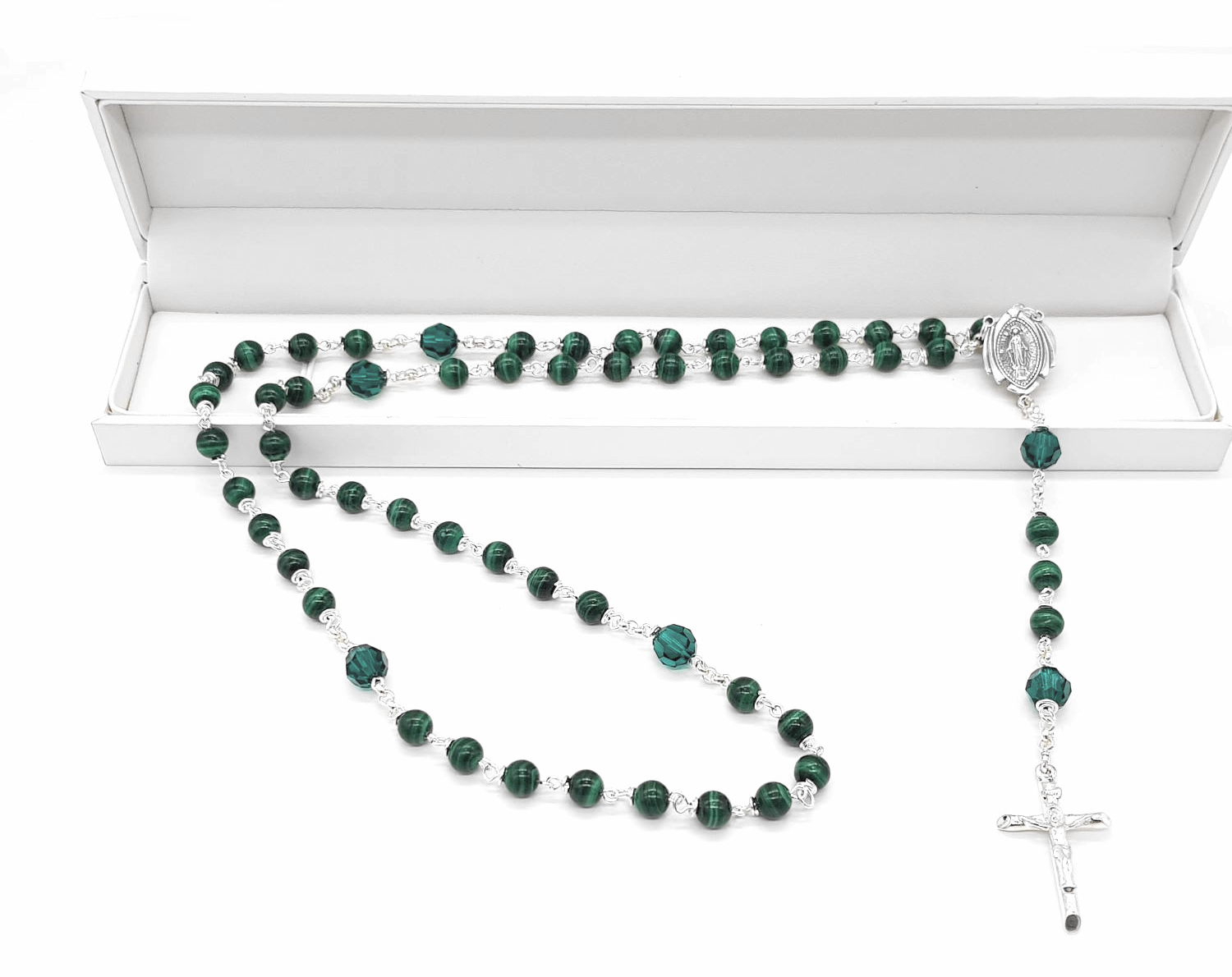 Malachite Green Gemstone rosary beads on Sterling Silver