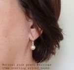 Natural Pink Pearl earrings 15mm hooks - AAA Grade