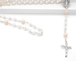 NEW!  White Crystal Pearl & Pink Cultured Pearl Rosary Beads - Traditional Crucifix