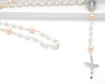 White CRYSTAL Pearl & Pink Cultured Pearl Rosary Beads - Traditional Crucifix