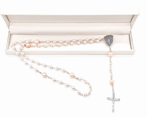 White CRYSTAL Pearl & Pink Cultured Pearl Rosary Beads - Traditional Crucifix