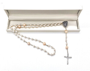 White CRYSTAL Pearl & Pink Cultured Pearl Rosary Beads - Traditional Crucifix