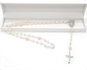 White Crystal Pearl & Pink Cultured Pearl Rosary Beads - Traditional Crucifix