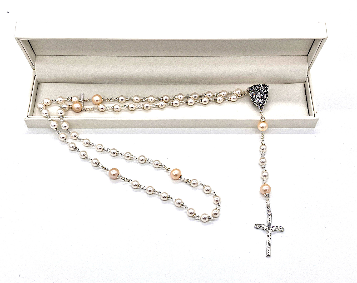 White CRYSTAL Pearl & Pink Cultured Pearl Rosary Beads - Traditional Crucifix