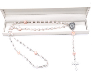 White CRYSTAL Pearl & Pink Cultured Pearl Rosary Beads - Floral Crucifix