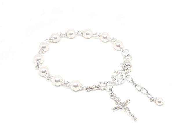White Crystal Pearl on Silver Child's Rosary Bracelet